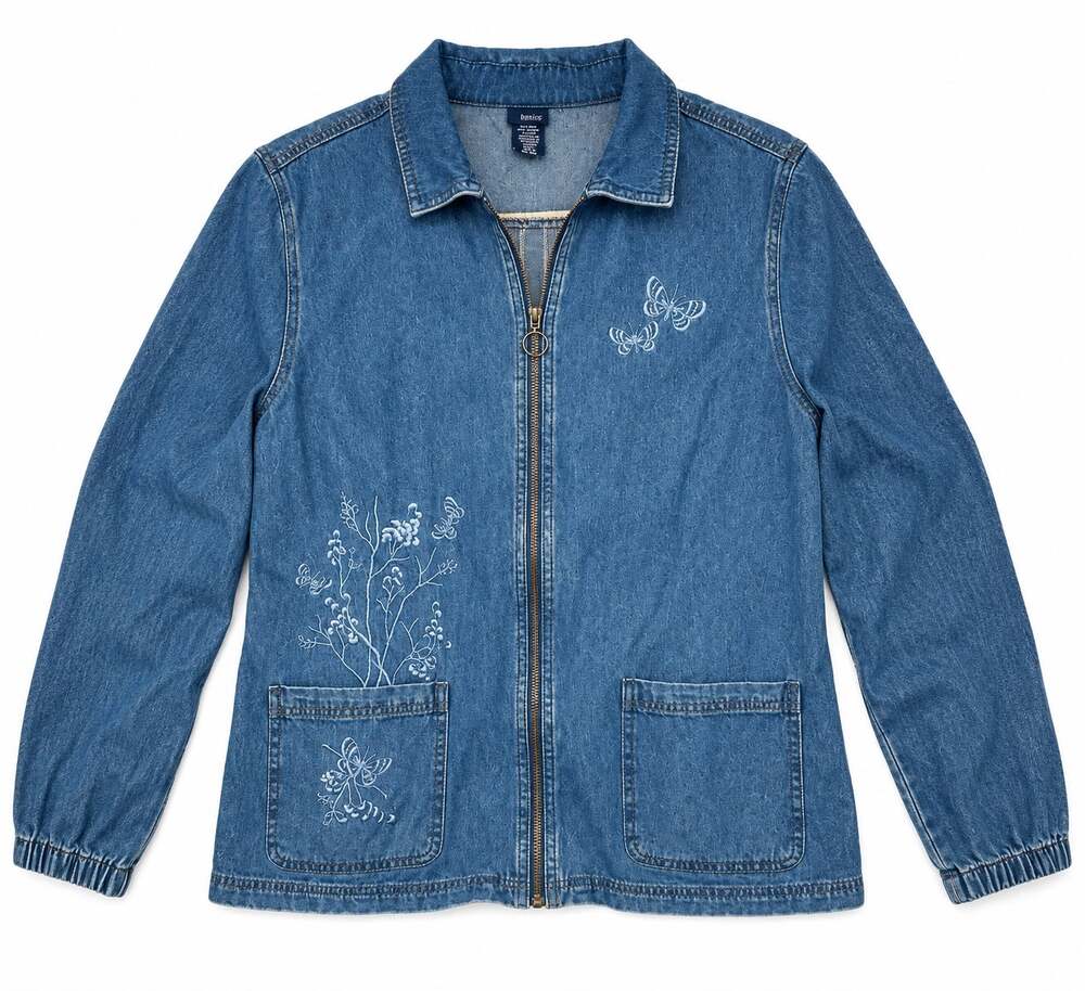 Vintage Basic Editions Denim Full Zip Embroidered Flowers Size XL